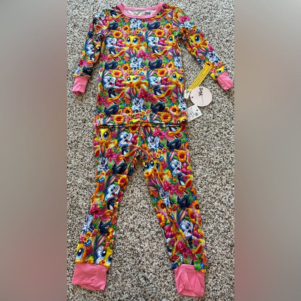 “Tweety Bird” & Bugs Bunny Vibrant Adorable 2piece Bamboo Pajamas - Pink Trim